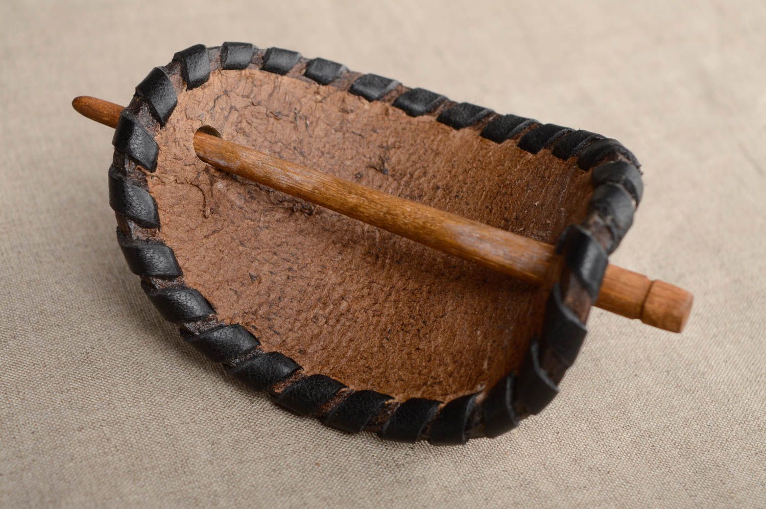Genuine leather hairpin with wooden stick photo 4