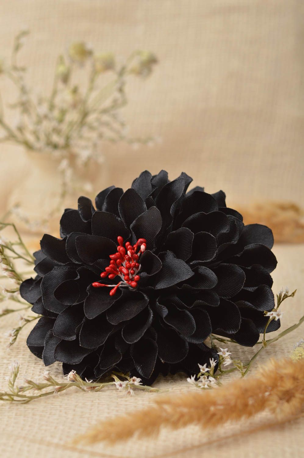 Broche barrette en tissu faite main grande fleur noire Cadeau pour femme photo 1