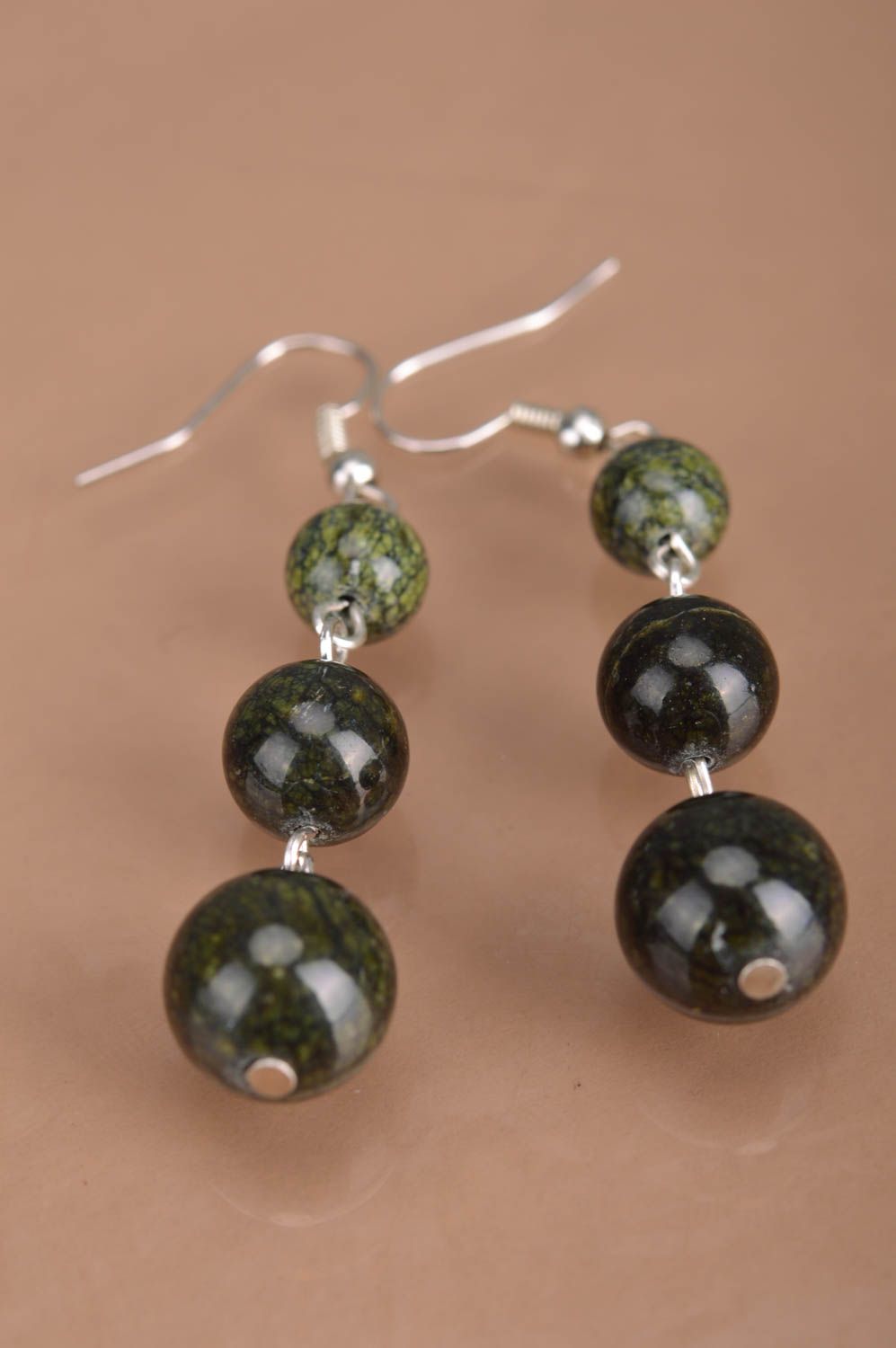 Handmade designer long dangle earrings with dark green glass beads for women photo 2