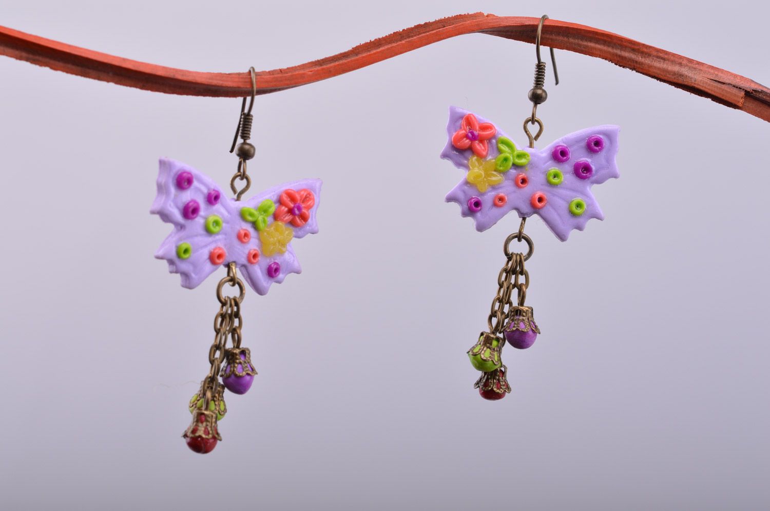 Handmade bright women's polymer clay earrings with charms in the shape of butterflies photo 2