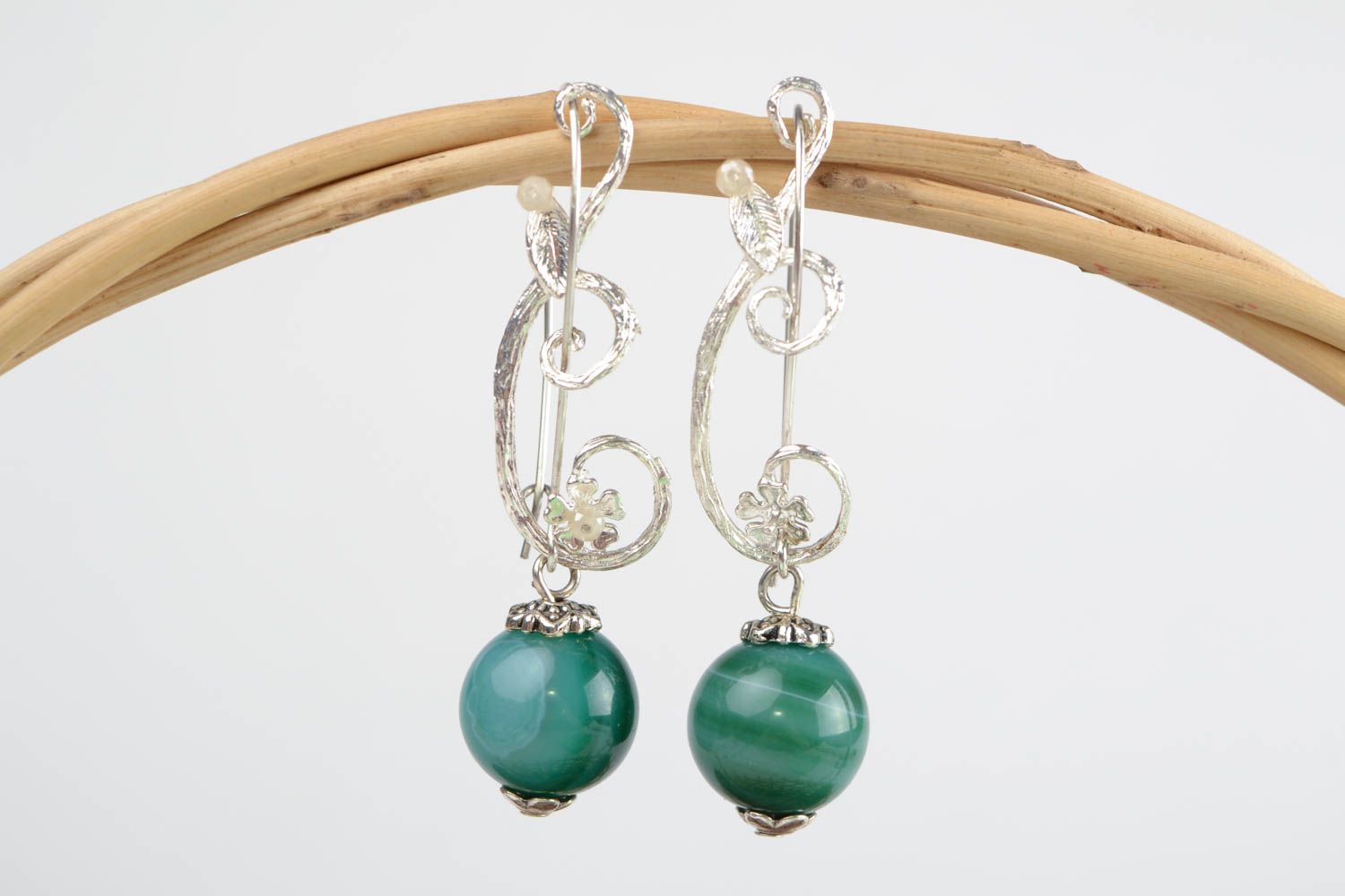 Beautiful green handmade designer gemstone earrings with agate long festive photo 1