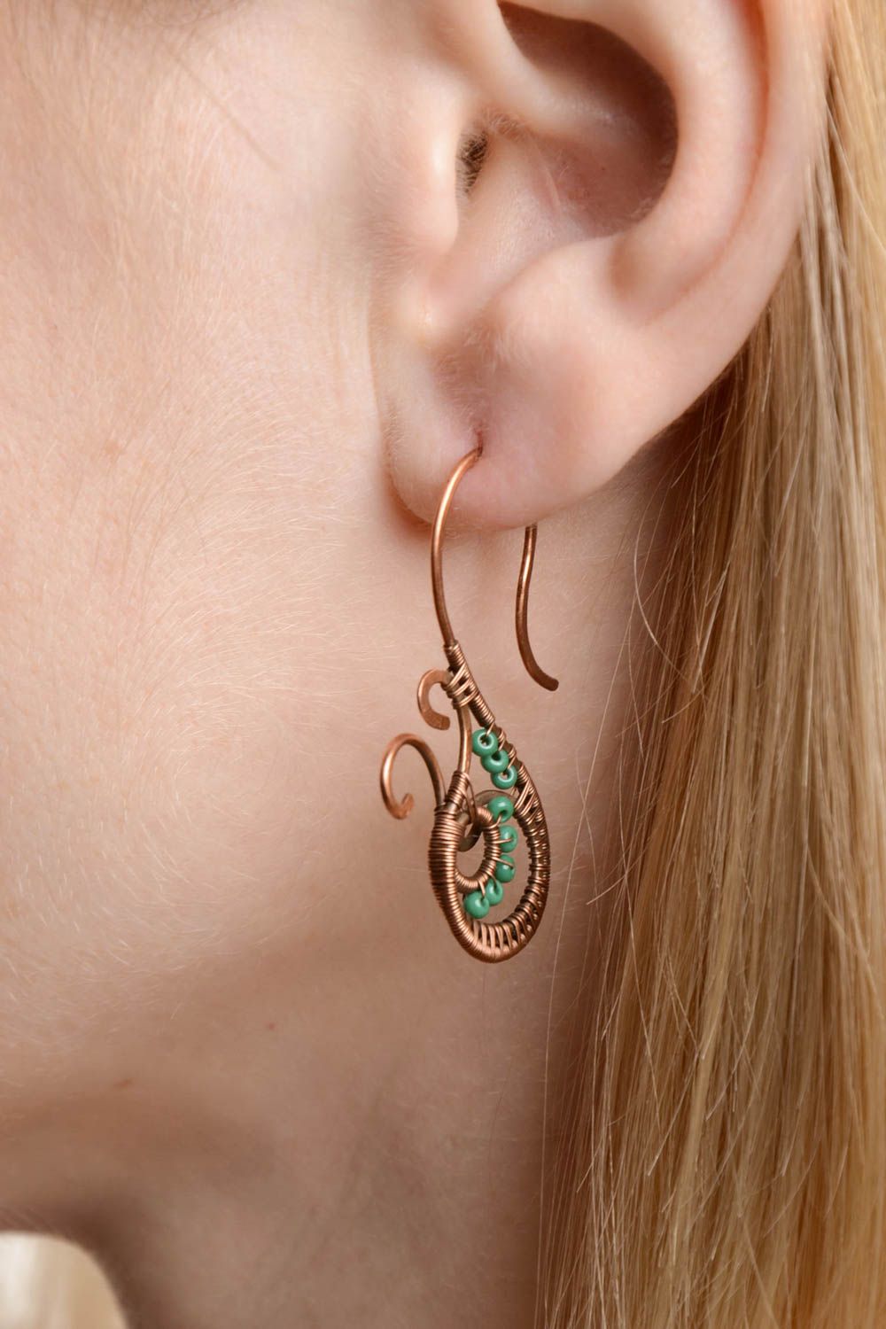 Small handmade wire wrap copper earrings with beads unusual women's jewelry photo 2