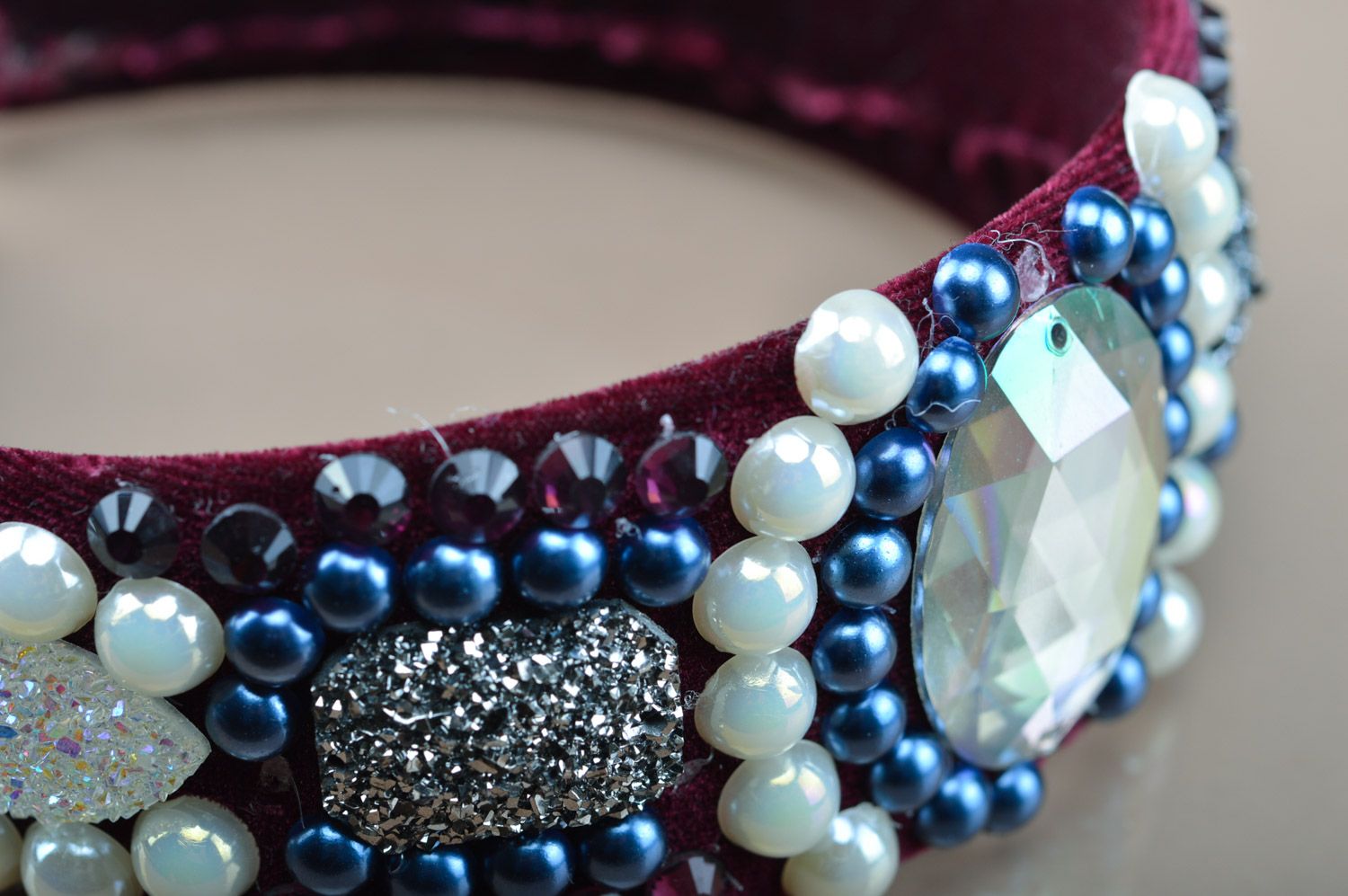 Handmade luxurious beaded headband embroidered with rhinestones and stones photo 1