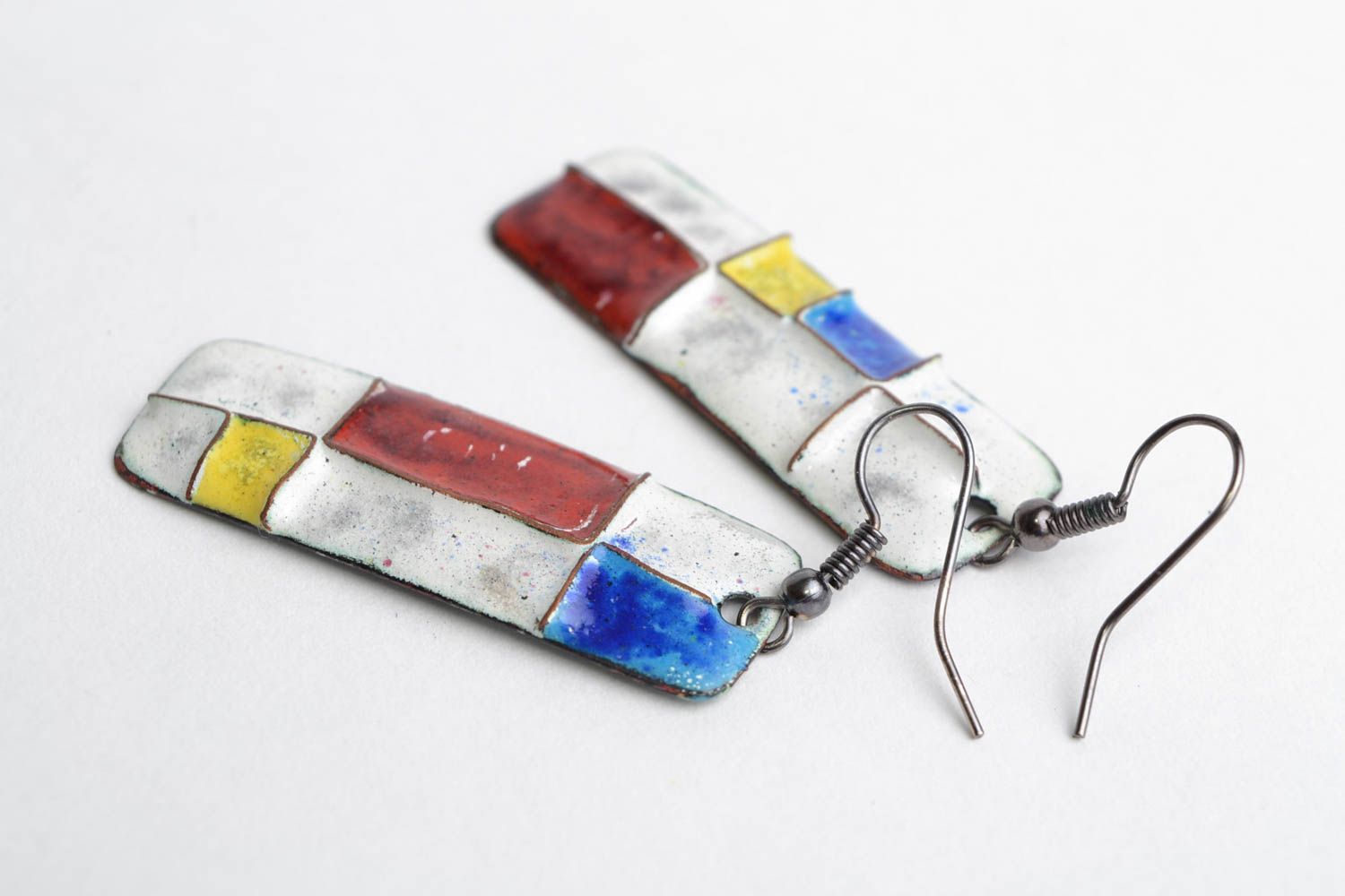 Handmade long rectangular copper earrings painted with colorful enamels Geometry photo 4