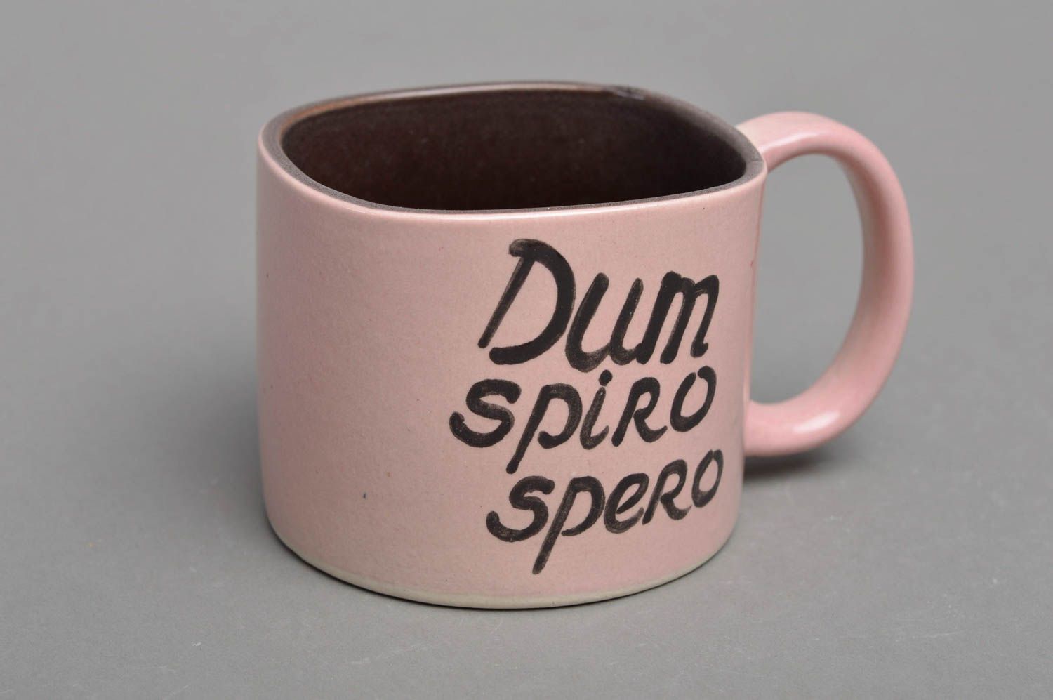 Tasse en porcelaine rose faite main originale avec inscription Dum spiro spero photo 2