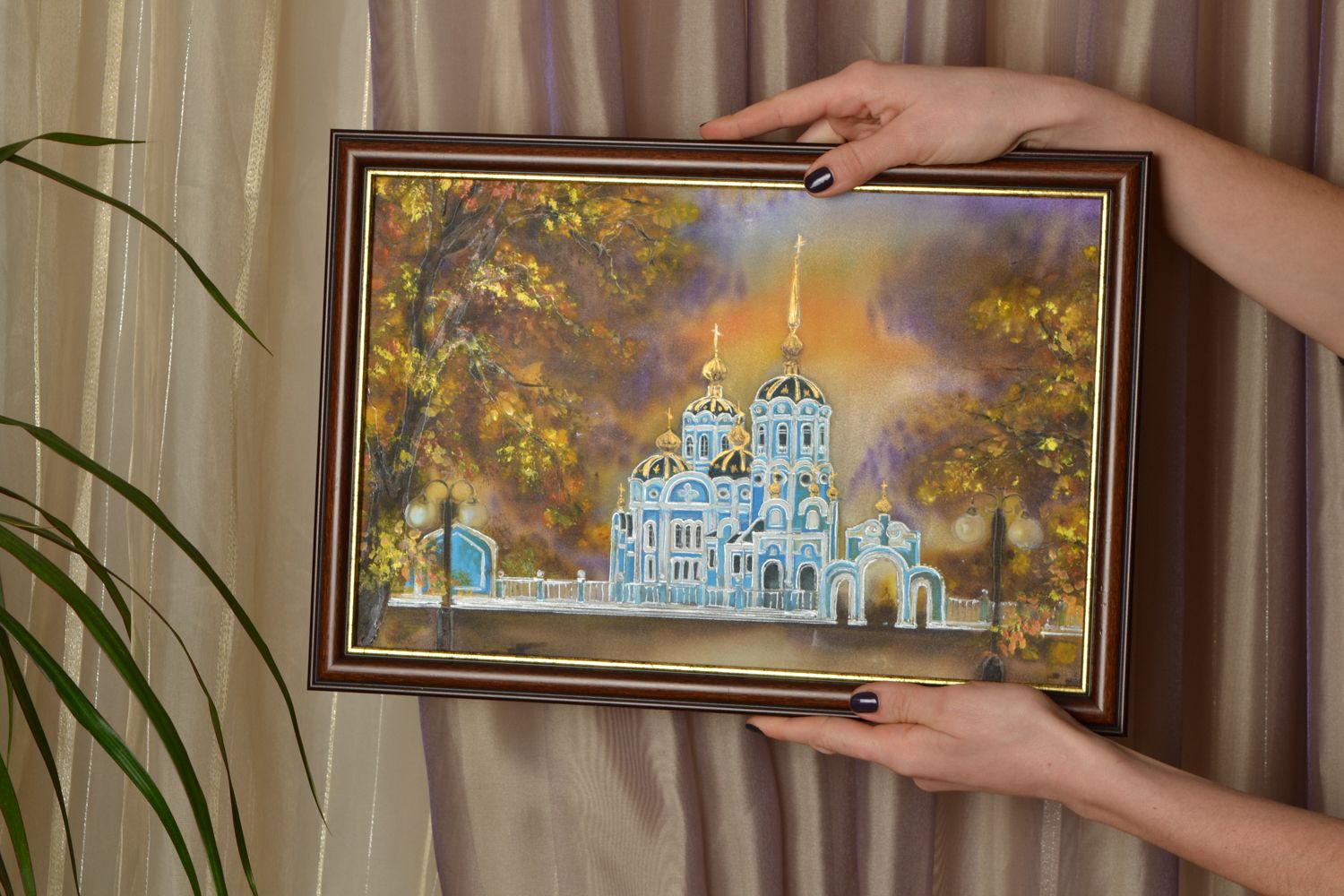 Картина на шелке акриловыми красками Александровская церковь фото 2