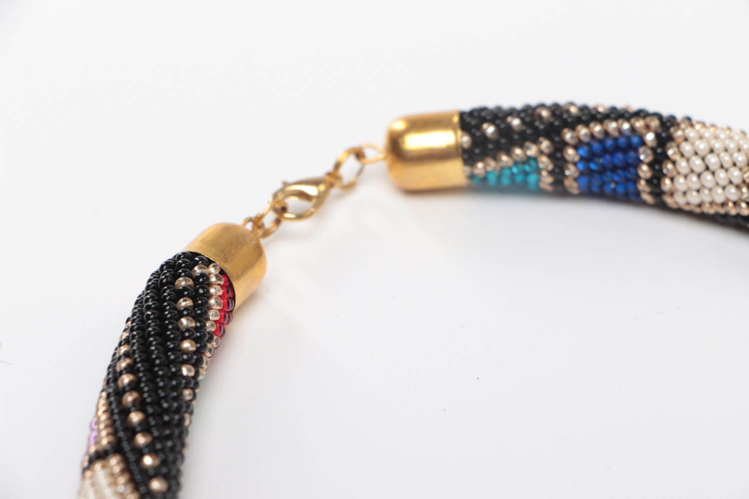 Handmade long designer dark beaded cord necklace with interesting ornament photo 4