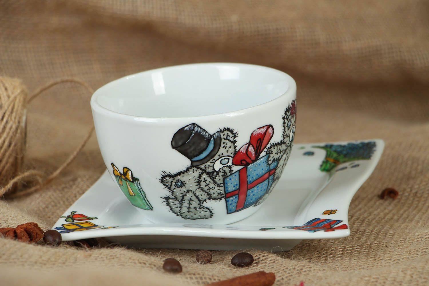 Handmade porcelain drinking cup with handle and teddy bears' pattern and square saucer photo 5