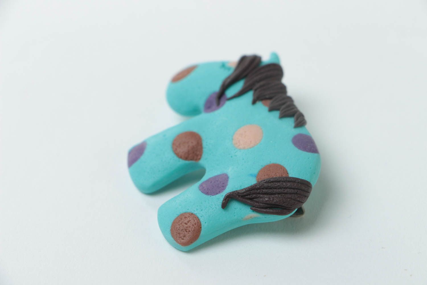 Handmade designer polymer clay animal brooch small blue polka dot horse photo 3
