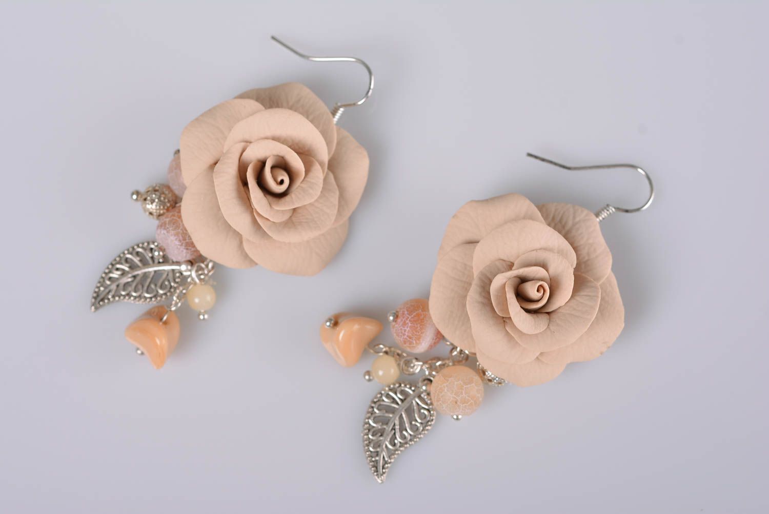 Handmade designer tender polymer clay rose flower earrings with metal charms photo 5