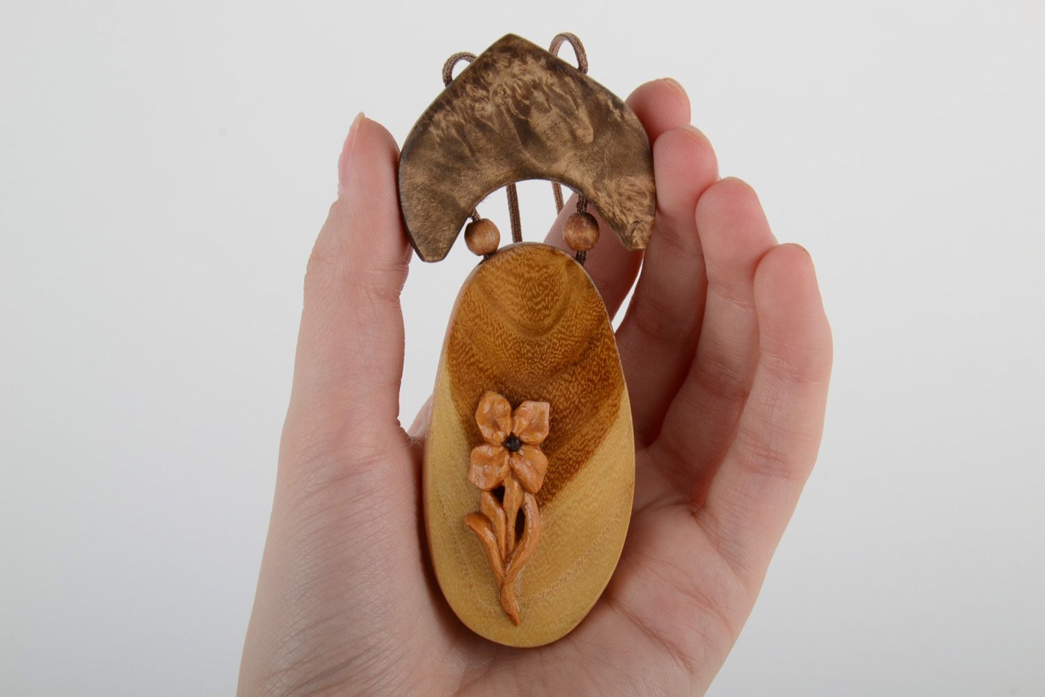Magnificent handmade carved of wood neck pendant with volume flower for women photo 5