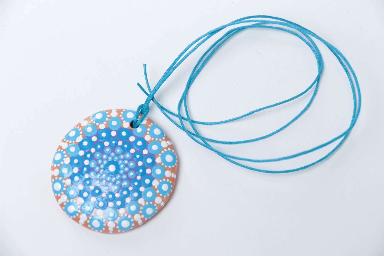 Unusual beautiful blue handmade ceramic neck pendant with dot painting photo 2