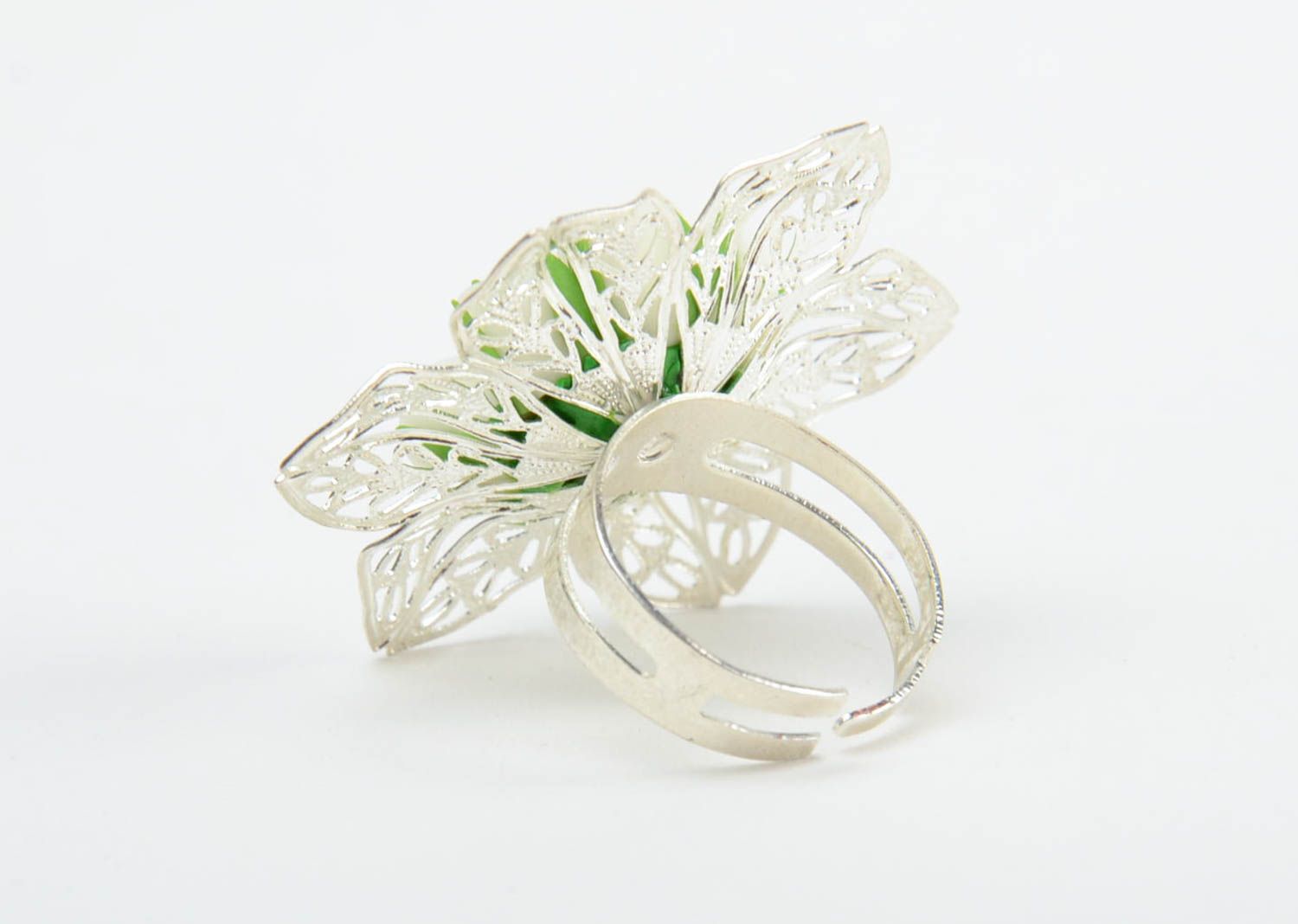 Handmade metal jewelry ring with large volume cold porcelain white rose flowers photo 5