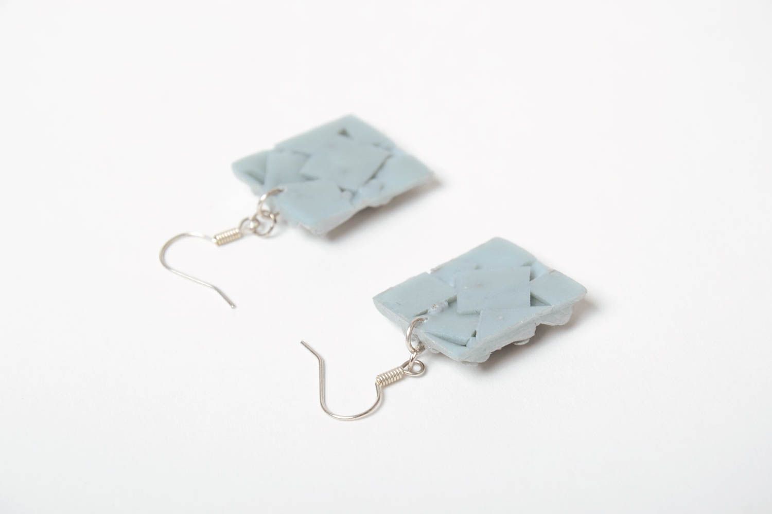 Beautiful handmade polymer clay earrings with strasses square gray designer photo 4