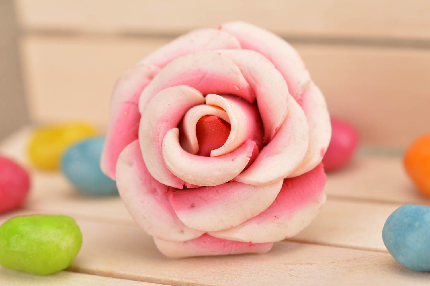 Large handmade designer polymer clay flower ring Pink Rose photo 1