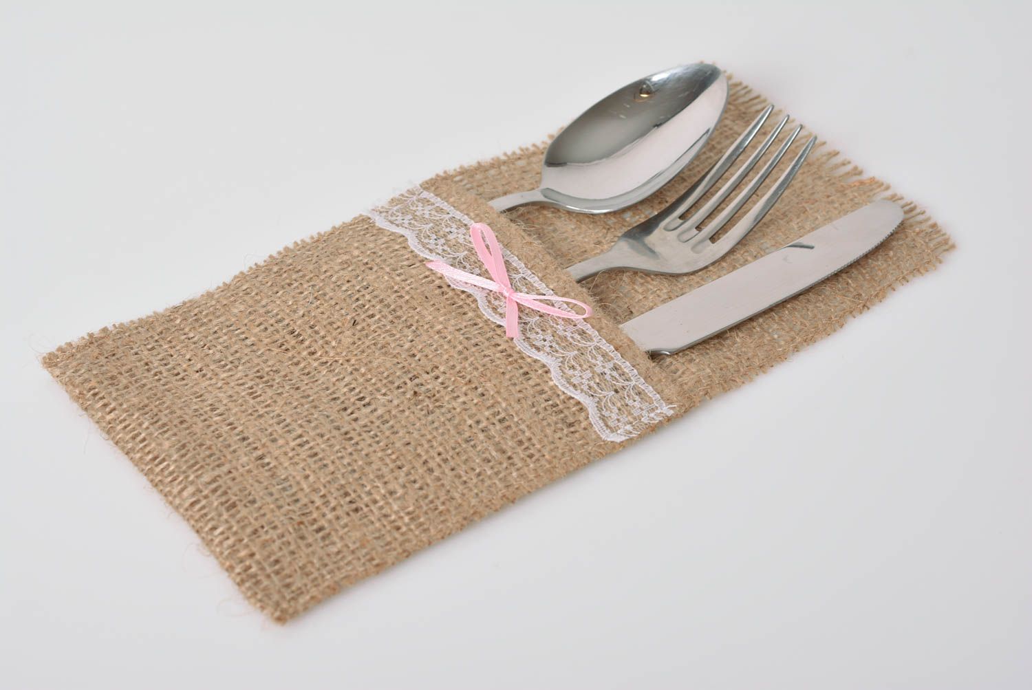 Case for cutlery made of burlap with ribbon beautiful handmade kitchen decor photo 1