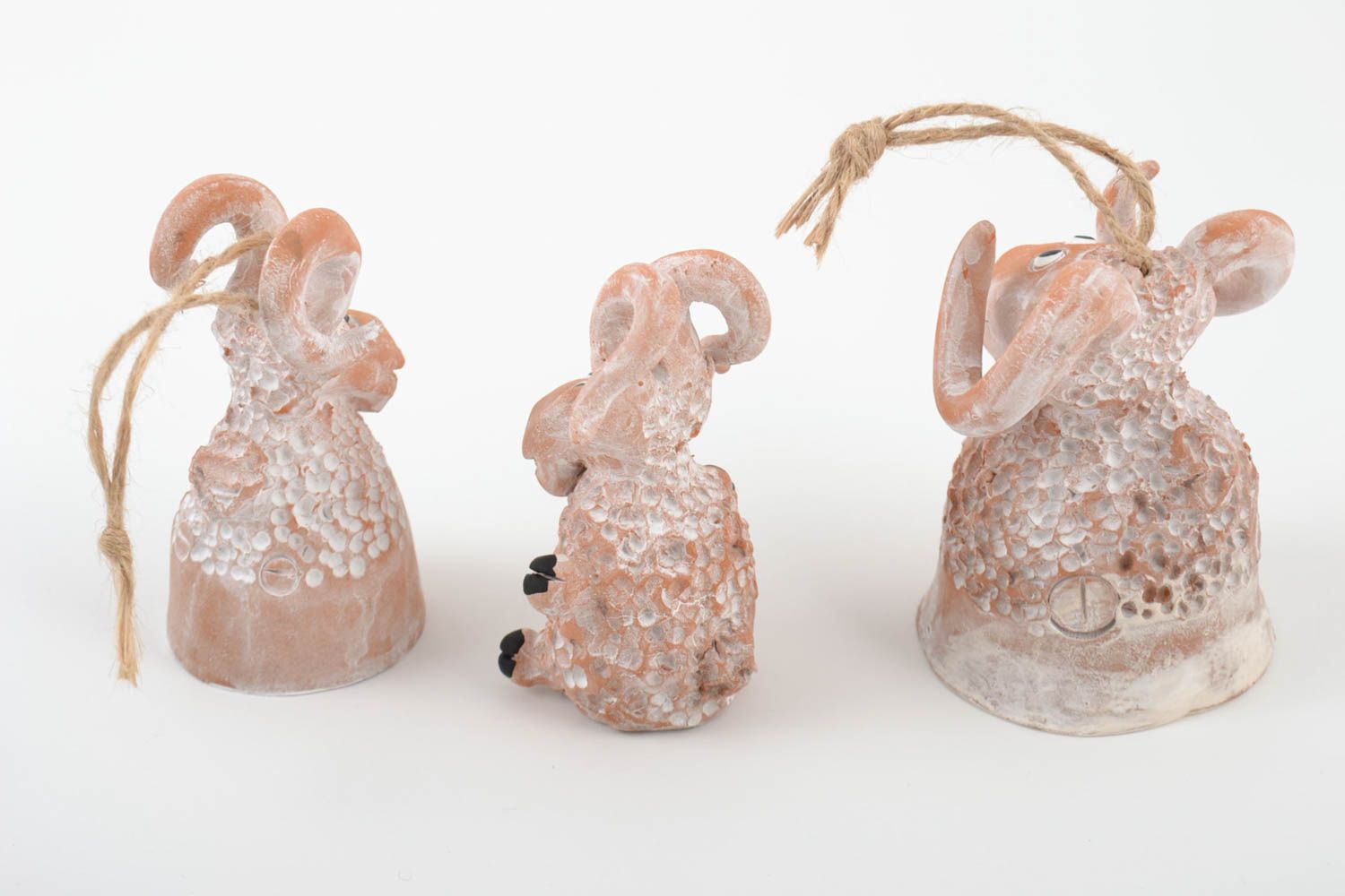 Handmade ceramic figured bells and figurine in the shape of lambs set of 3 items photo 4