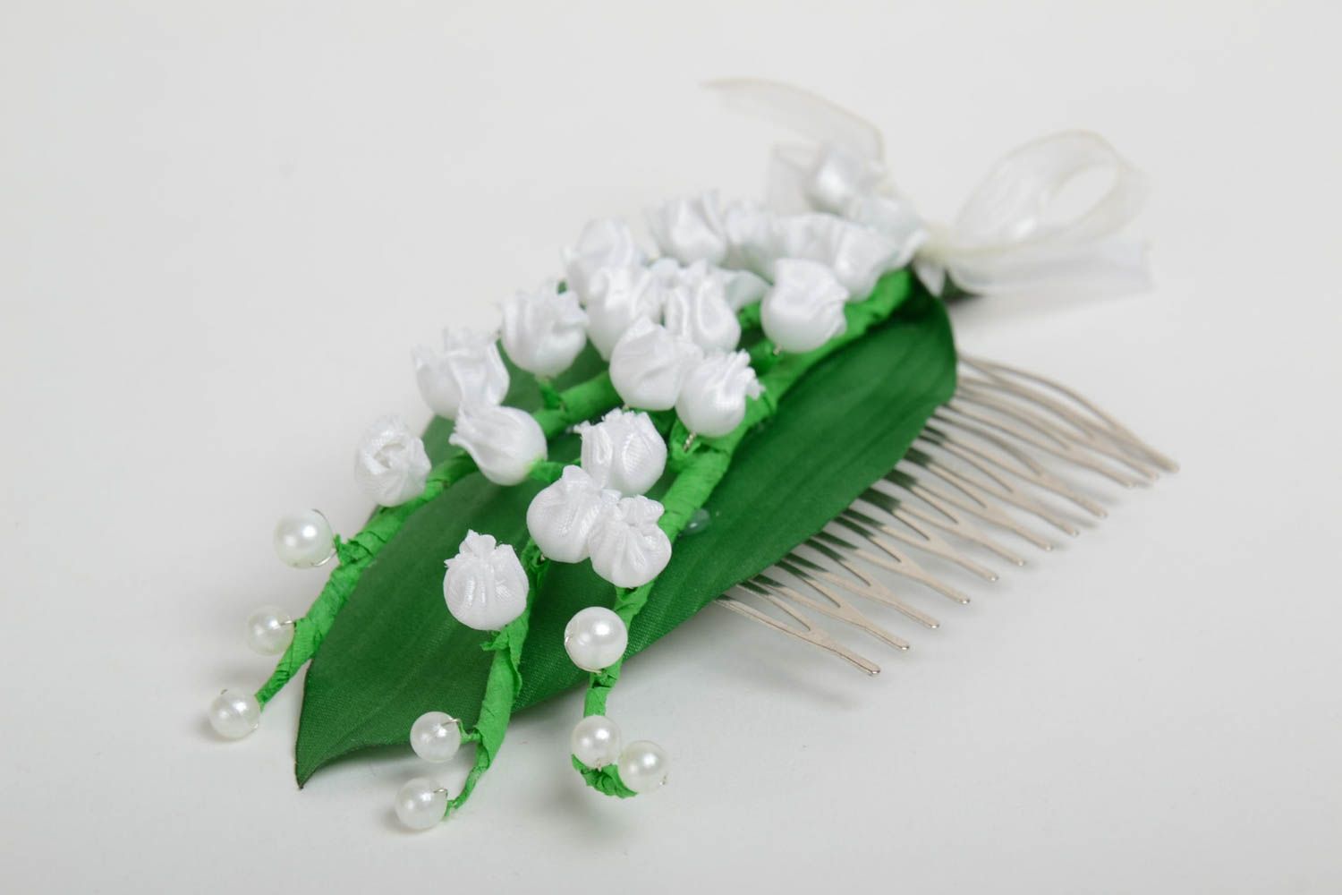 Handmade designer hair comb with metal basis and satin snowdrop flowers photo 5