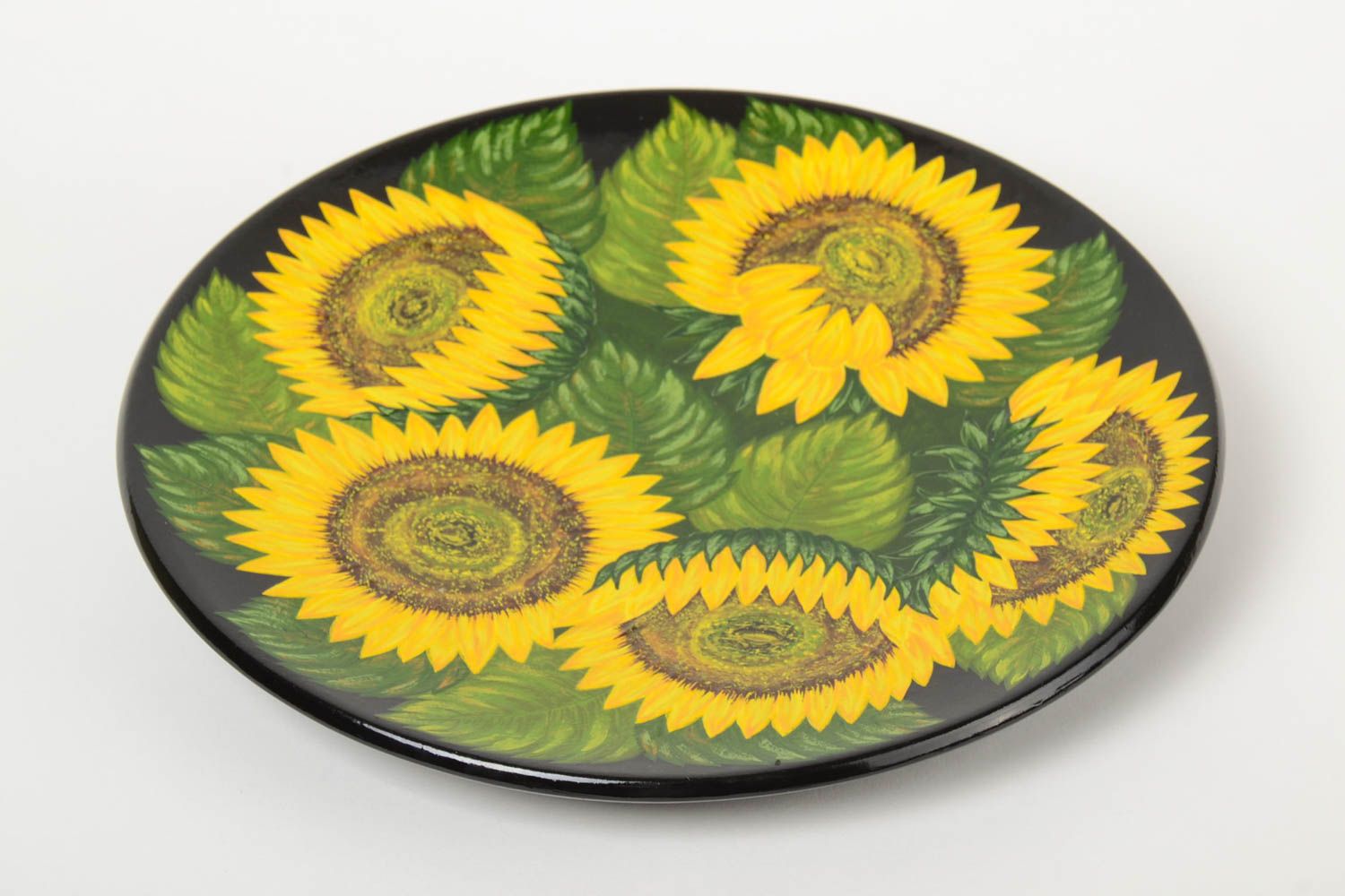 Homemade decorative dark wooden wall plate with painting Sunflowers photo 2