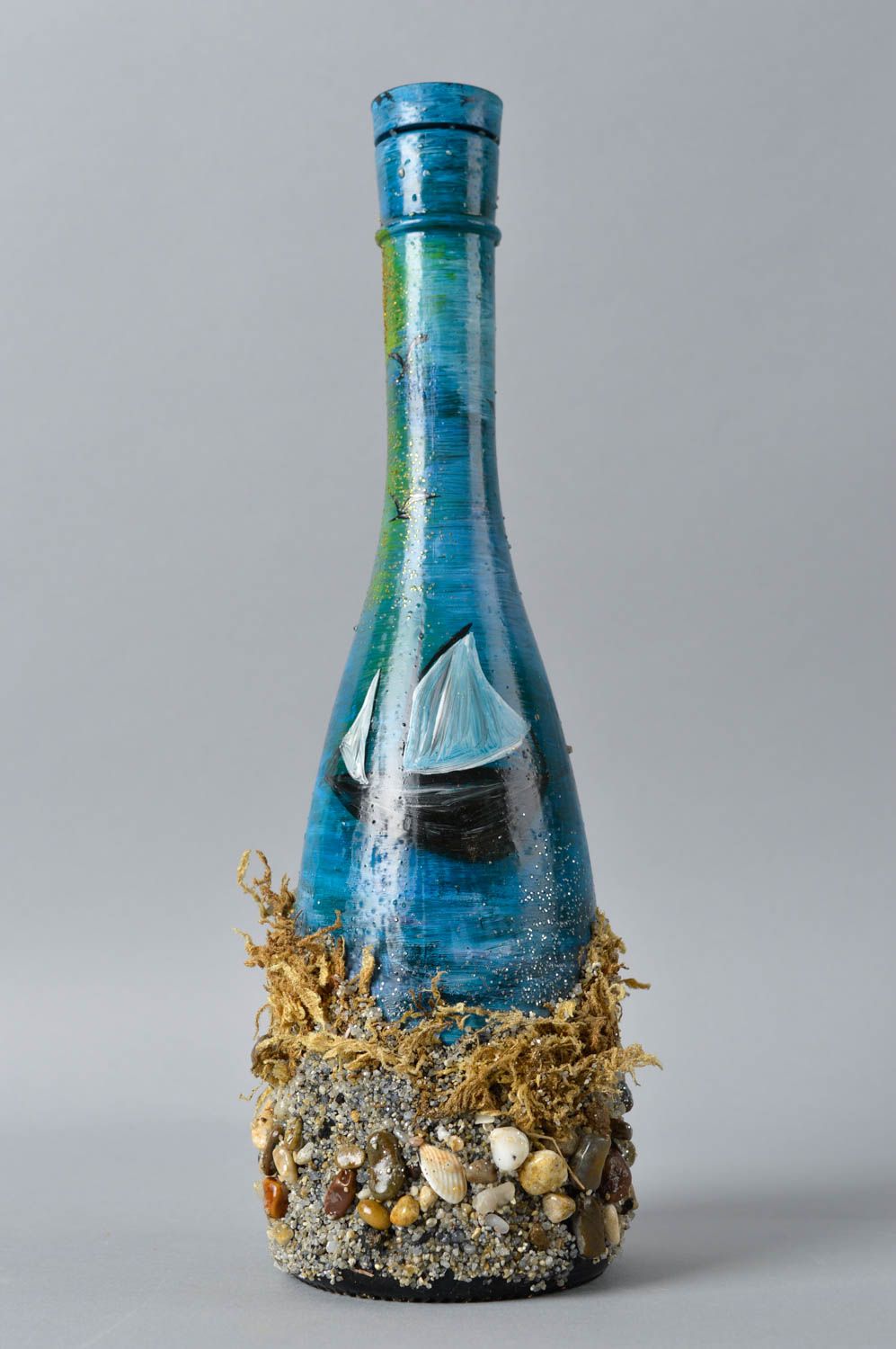 Стеклянная бутылка хэнд мэйд синяя с песком украшение для дома декор квартиры фото 2