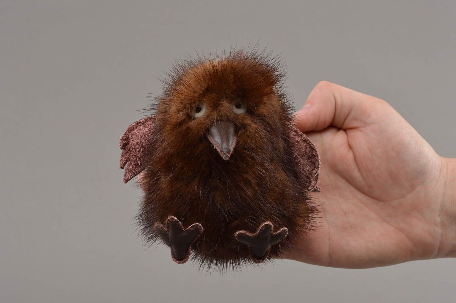 Beautiful small handmade brown soft toy bird created of natural fur home decor photo 4