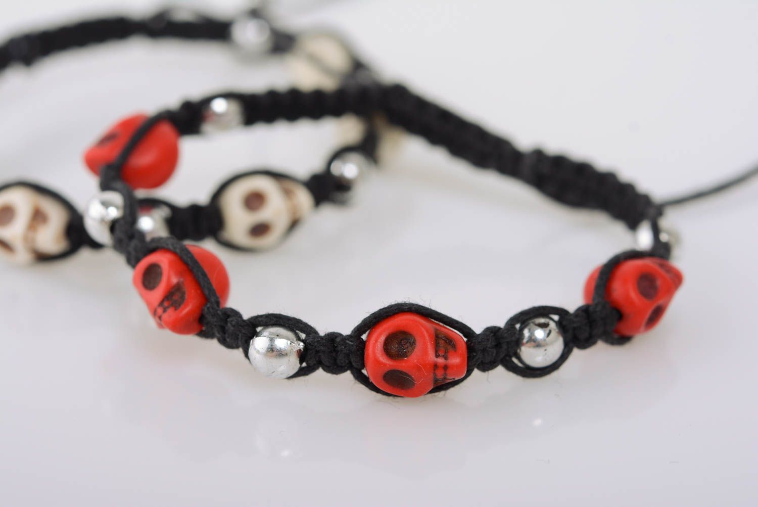 Handmade unusual women's woven cord bracelet with beads and skulls designer photo 3