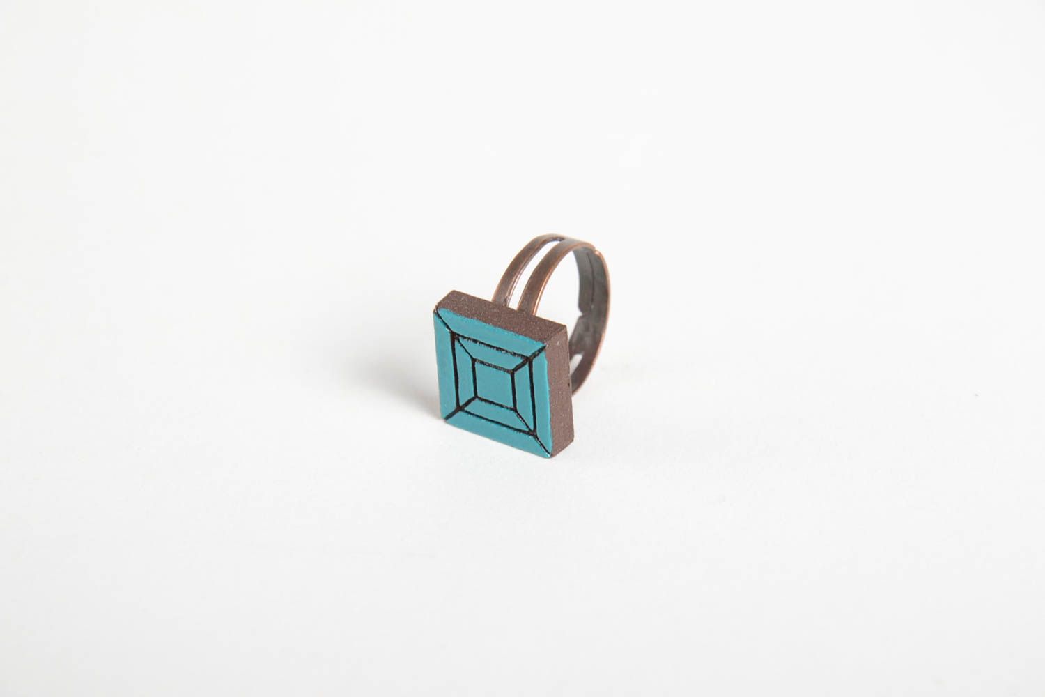Bague bois design Bijou fait main original carré bleu Accessoire pour femme photo 5