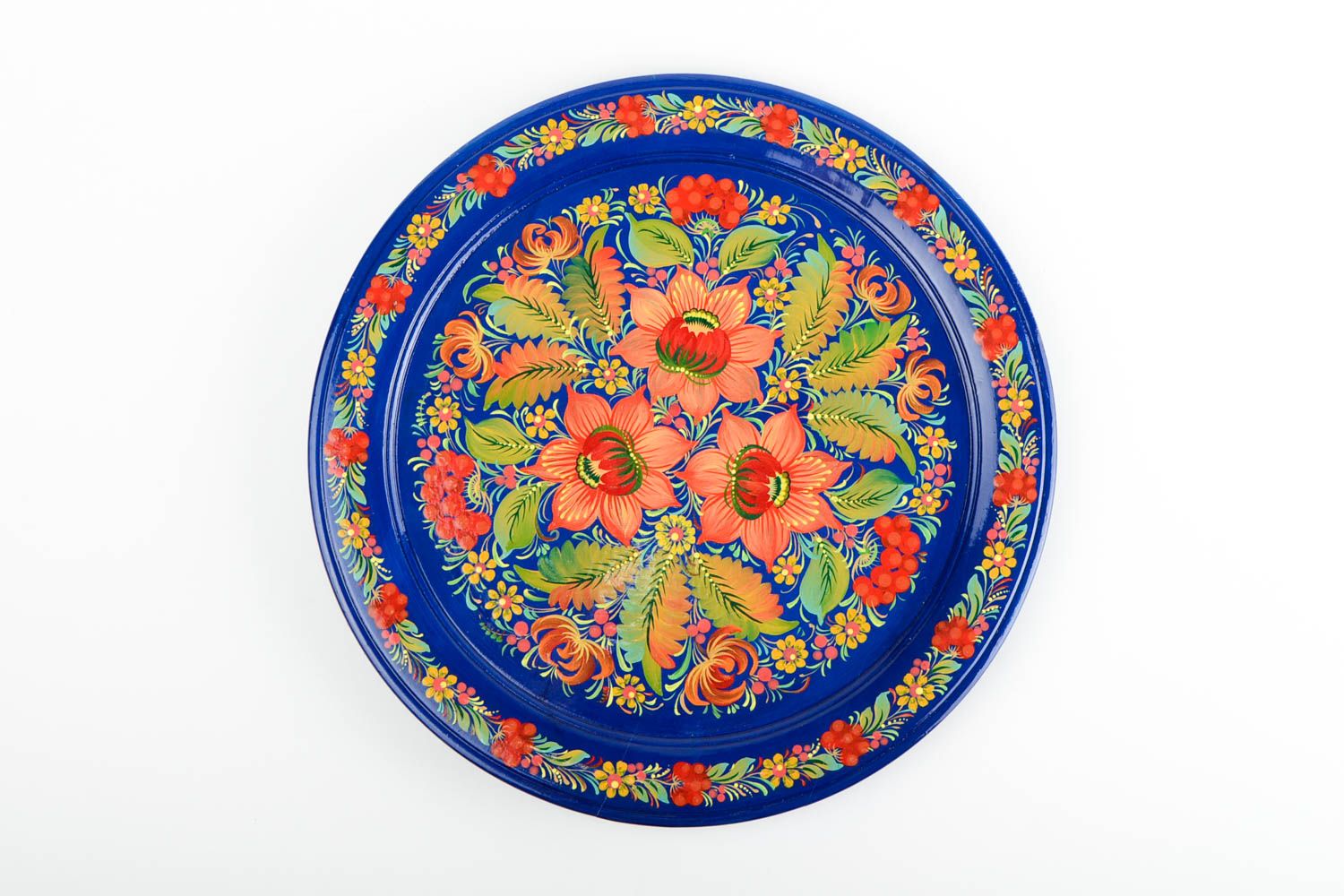 Assiette décorative murale faite main bleue ronde à motif floral Déco maison photo 4