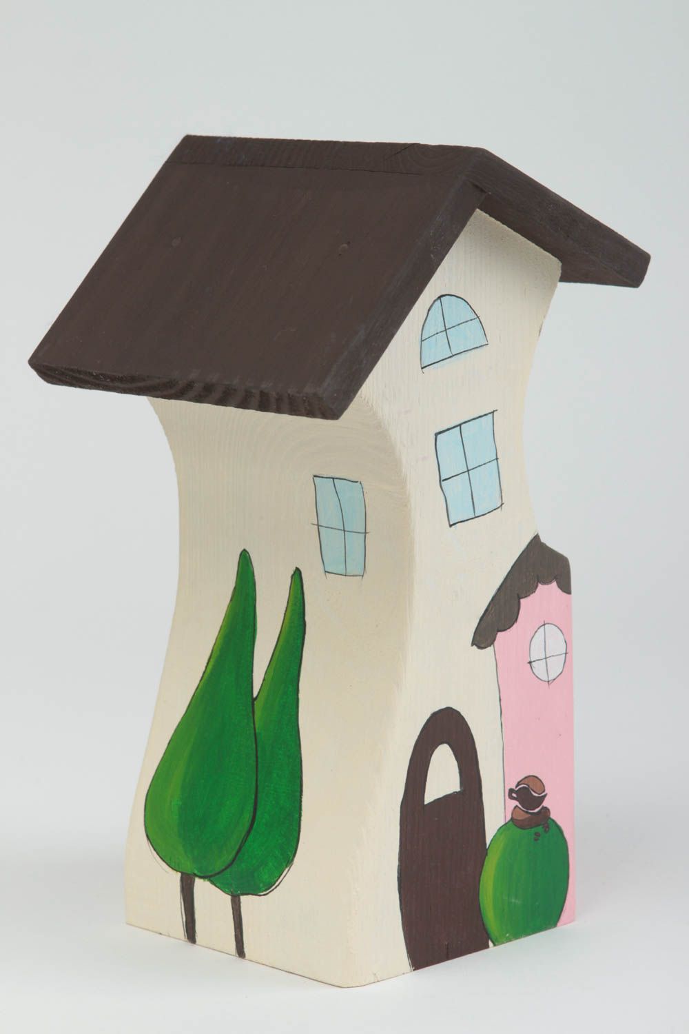 Maisonnette en bois fait main Petite statuette blanche rose Déco intérieur  photo 2