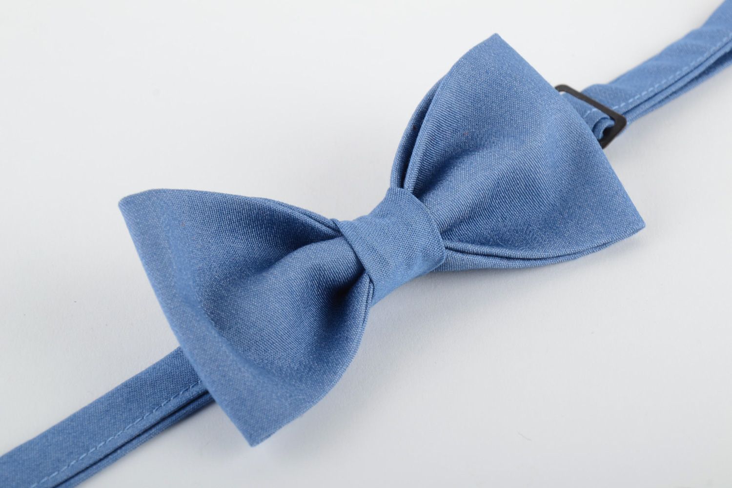 Stylish handmade bow tie sewn of light denim fabric unisex photo 4