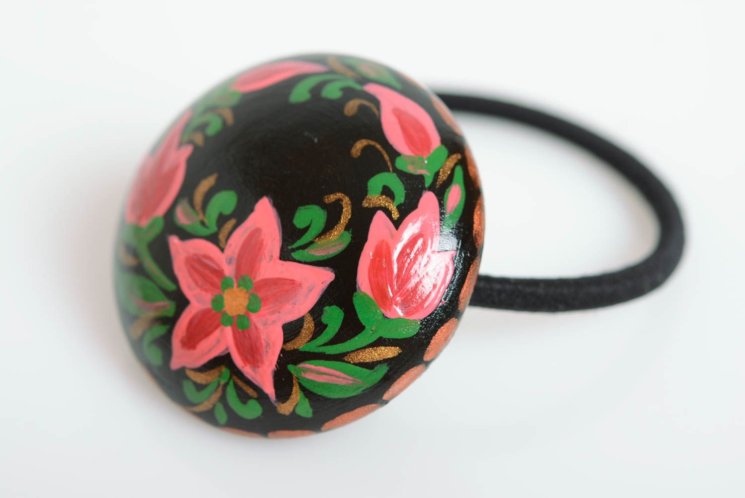 Handmade wooden scrunchy with acrylic painting black with flowers designer accessory photo 1