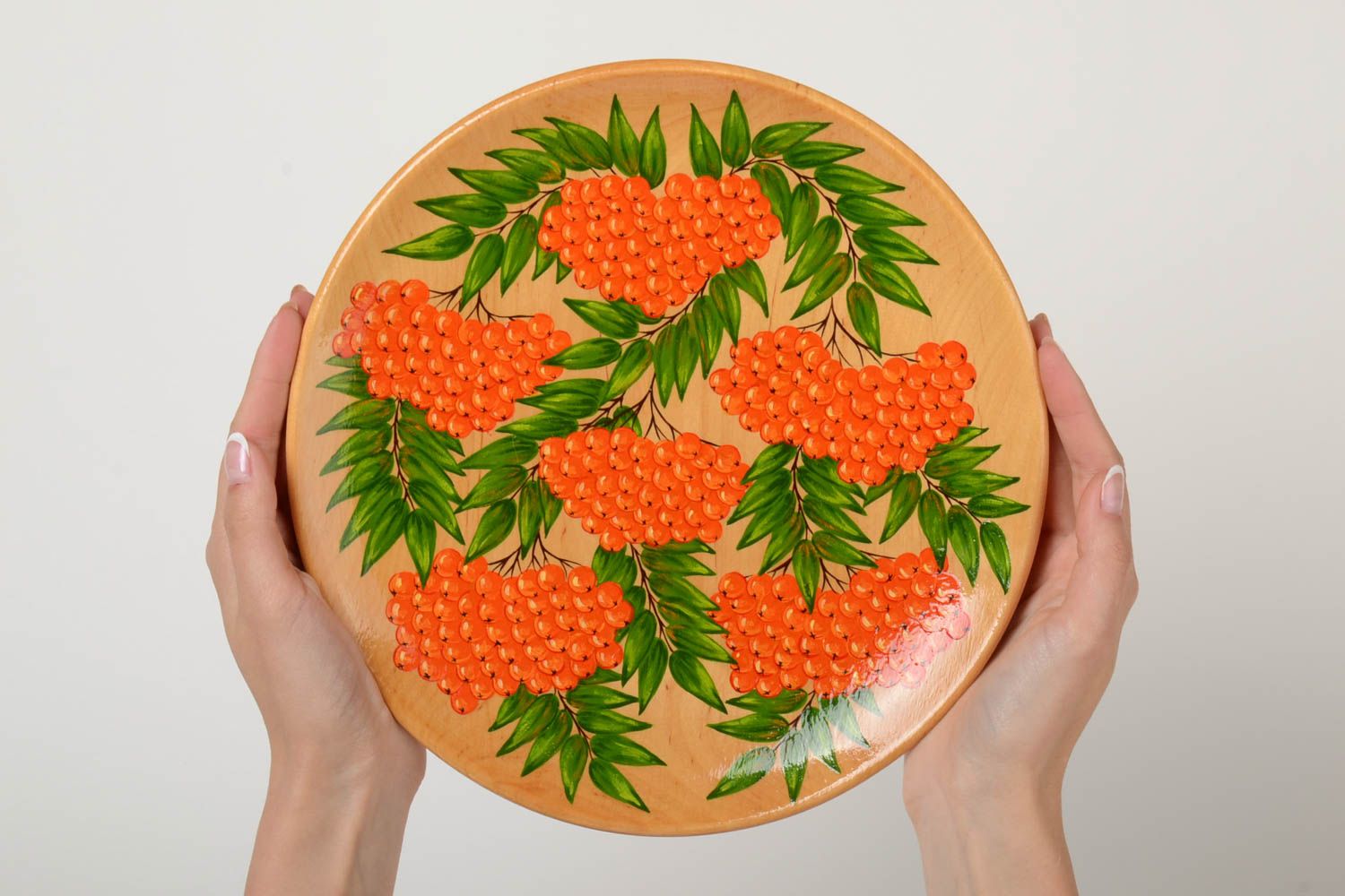 Beautiful bright handmade painted wooden wall plate with berries photo 5
