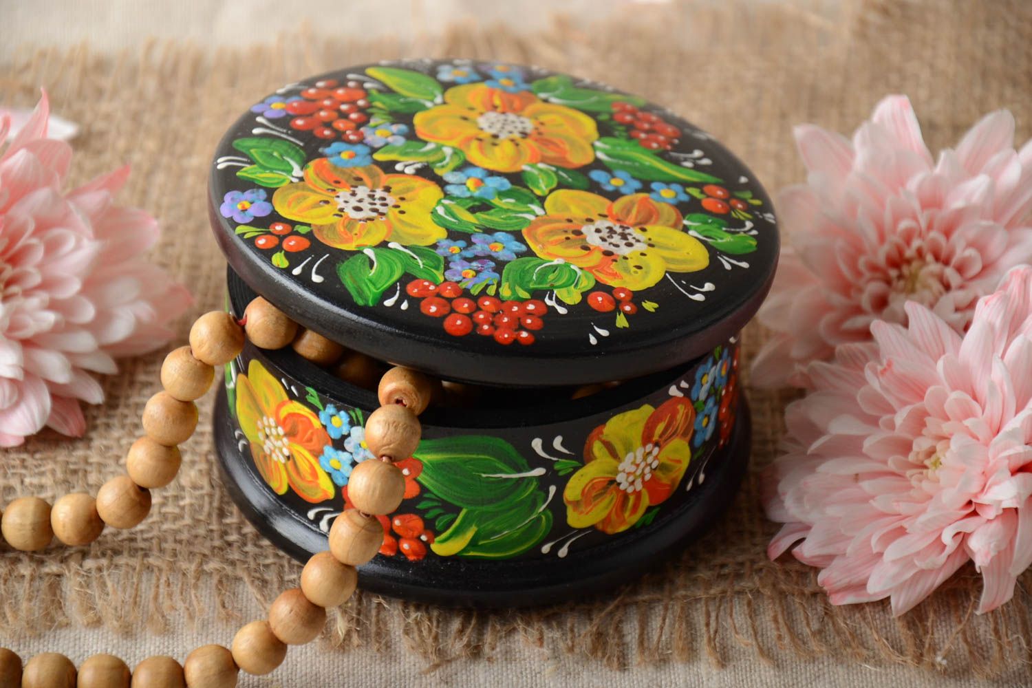 Boîte ronde en bois noire peinte à motif floral faite main pour bijoux cadeau photo 1