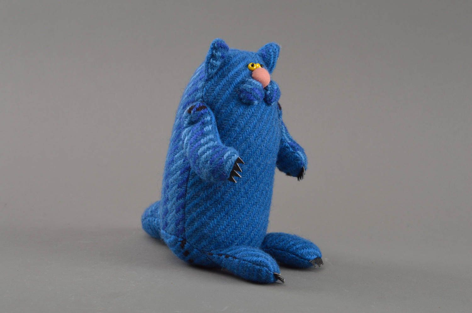 Peluche chat en tissu de mi-laine faite main bleue décorative pour enfants photo 3