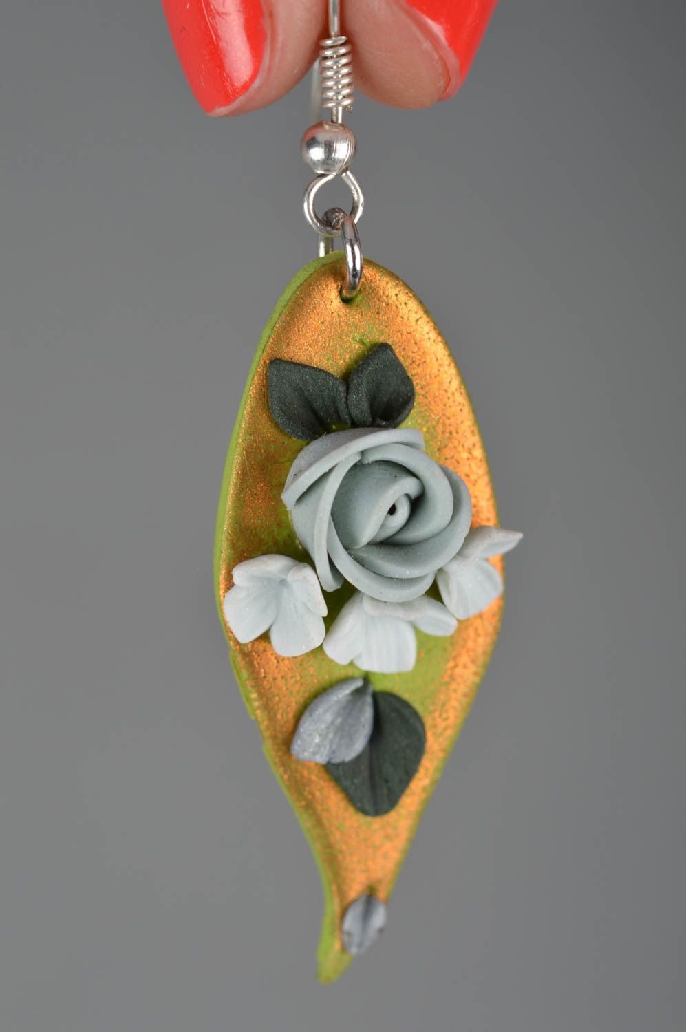 Designer earrings with flowers made of polymer clay handmade molded accessory photo 3