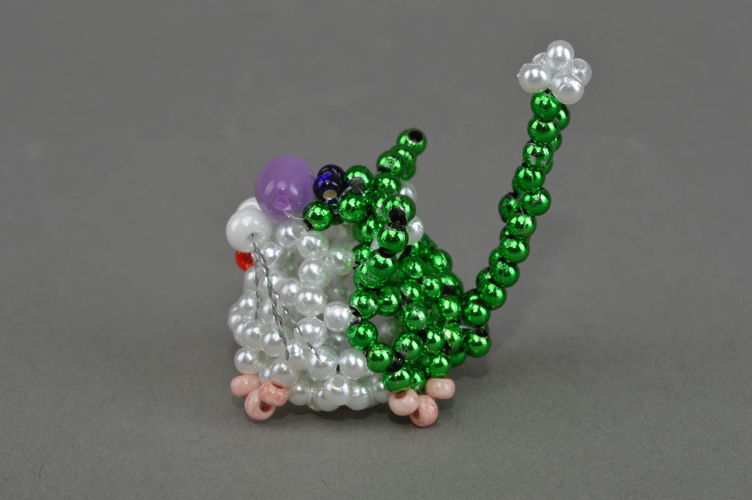Collectible miniature bead woven figurine of green kitten handmade decoration photo 2
