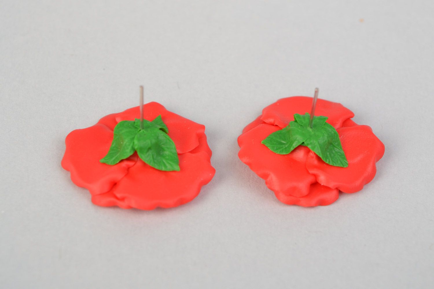 Handmade polymer clay stud earrings in the shape of large red poppy flowers  photo 4