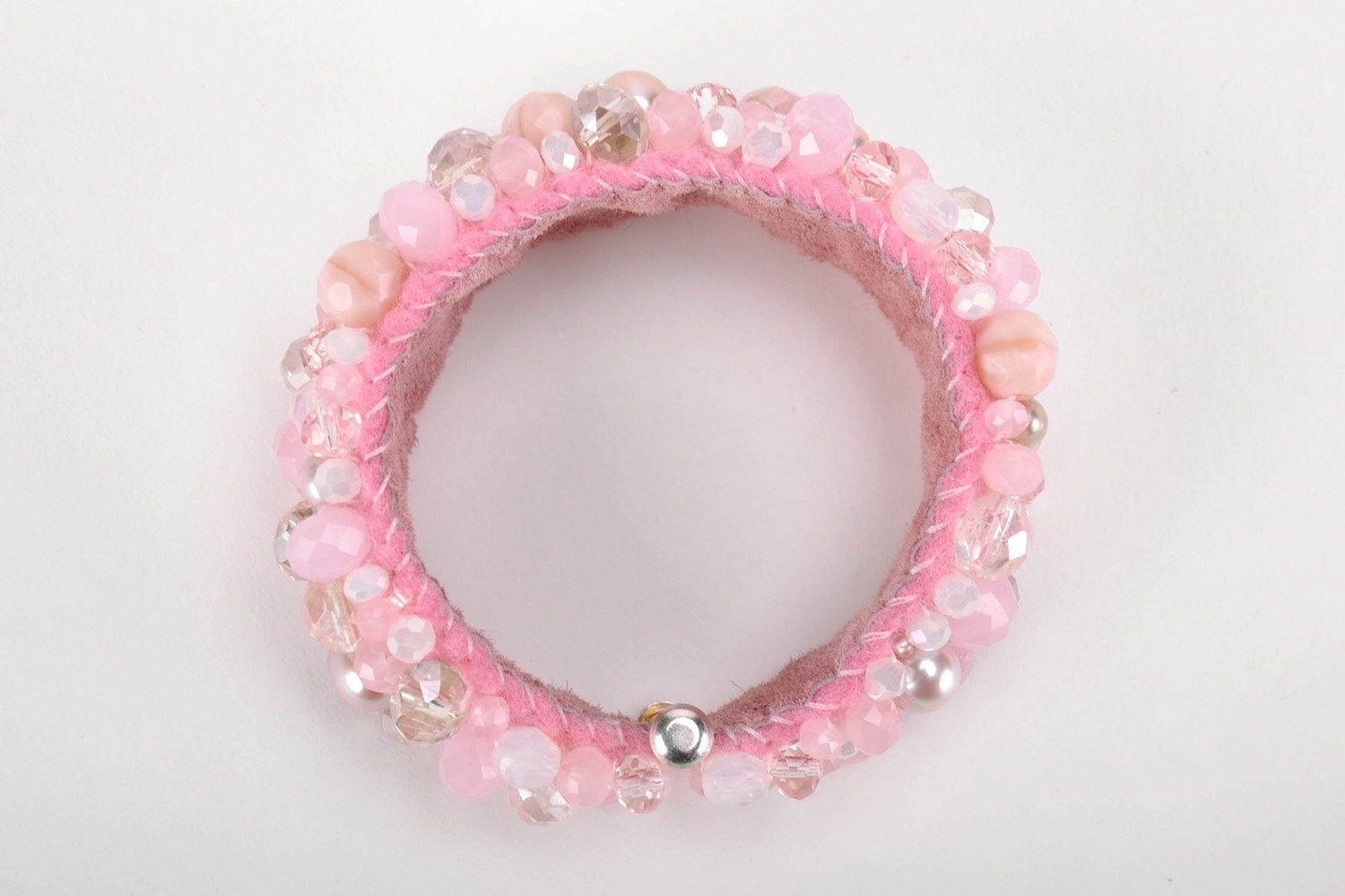 Genuine leather bracelet with crystals and pearls photo 2