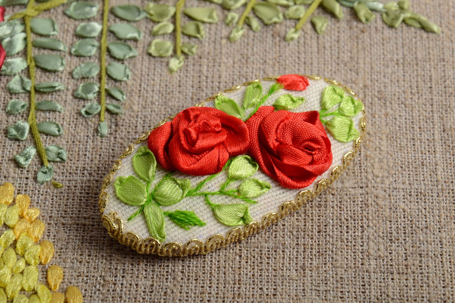 Handmade oval textile brooch with satin ribbon embroidery Roses photo 1