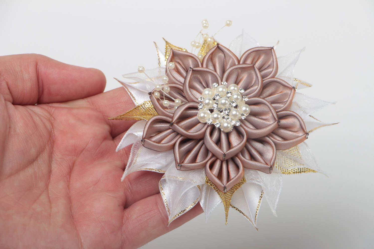Handmade textile brooch for women kanzashi flower adornment gifts for her photo 5