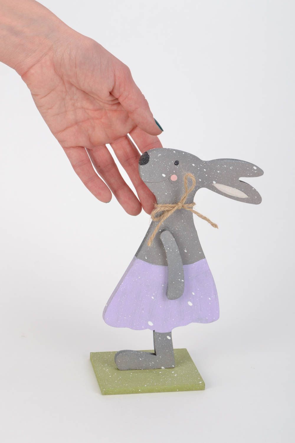 Handmade small plywood toy of gray rabbit in skirt painted with acrylics photo 2