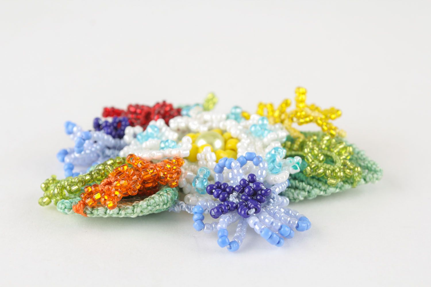 Homemade brooch woven of threads and beads Spring photo 3