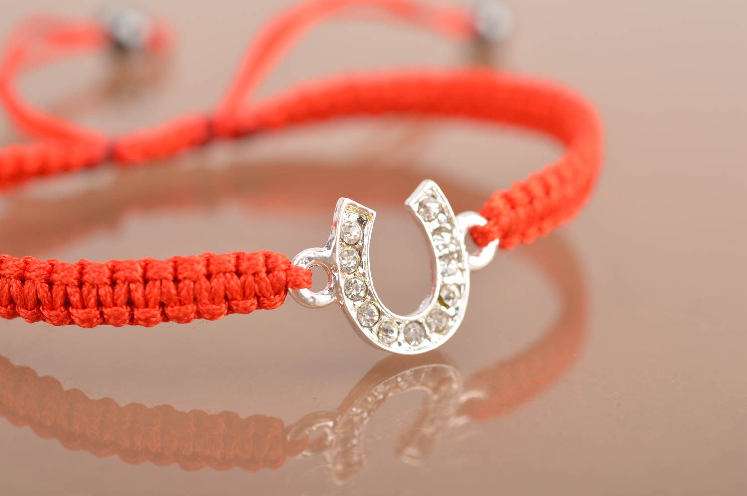 Red silk thread bracelet with horseshoe thin braided handmade accessory photo 9