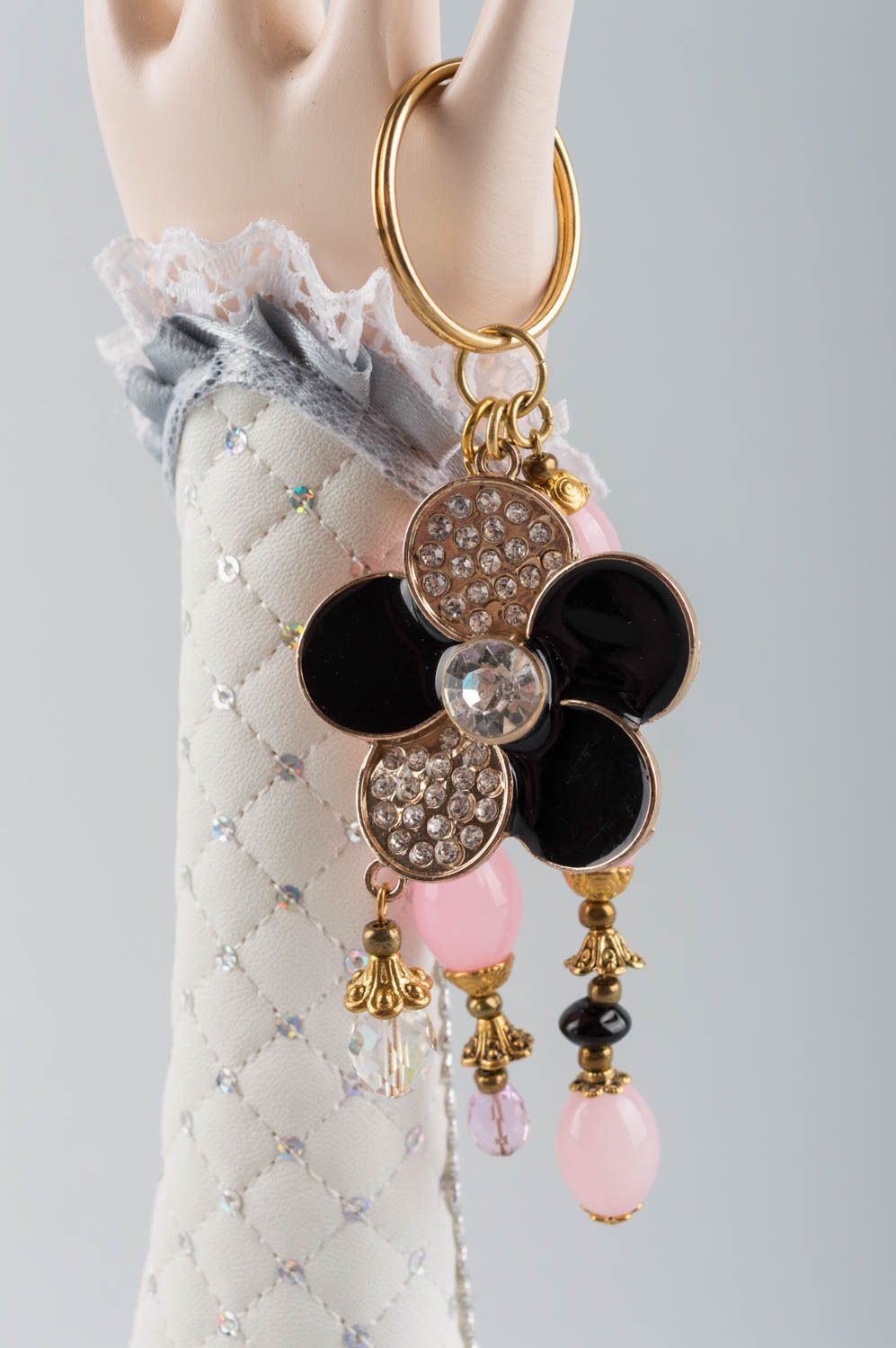 Women's handmade designer brass keychain with glass beads and natural stone photo 5