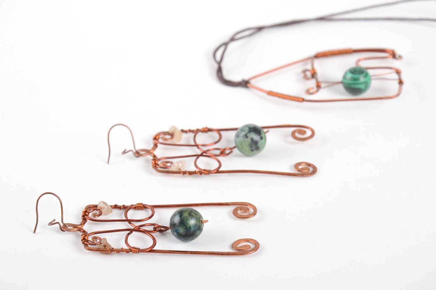 Handmade earrings with natural stones wire wrap pendant copper jewelry photo 4