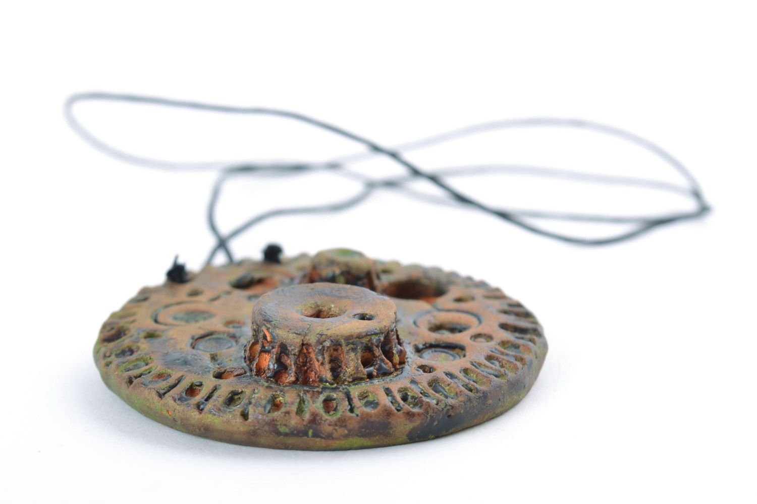 Handmade painted ceramic pendant in the shape of round clock mechanism on cord photo 5
