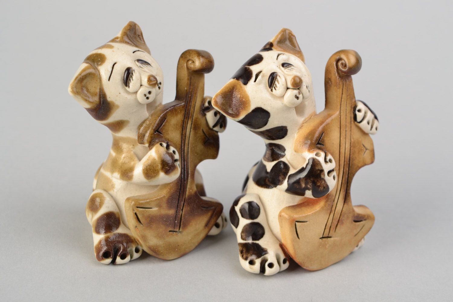 Handmade cute ceramic figurines 2 pieces funny cats for interior decor photo 1