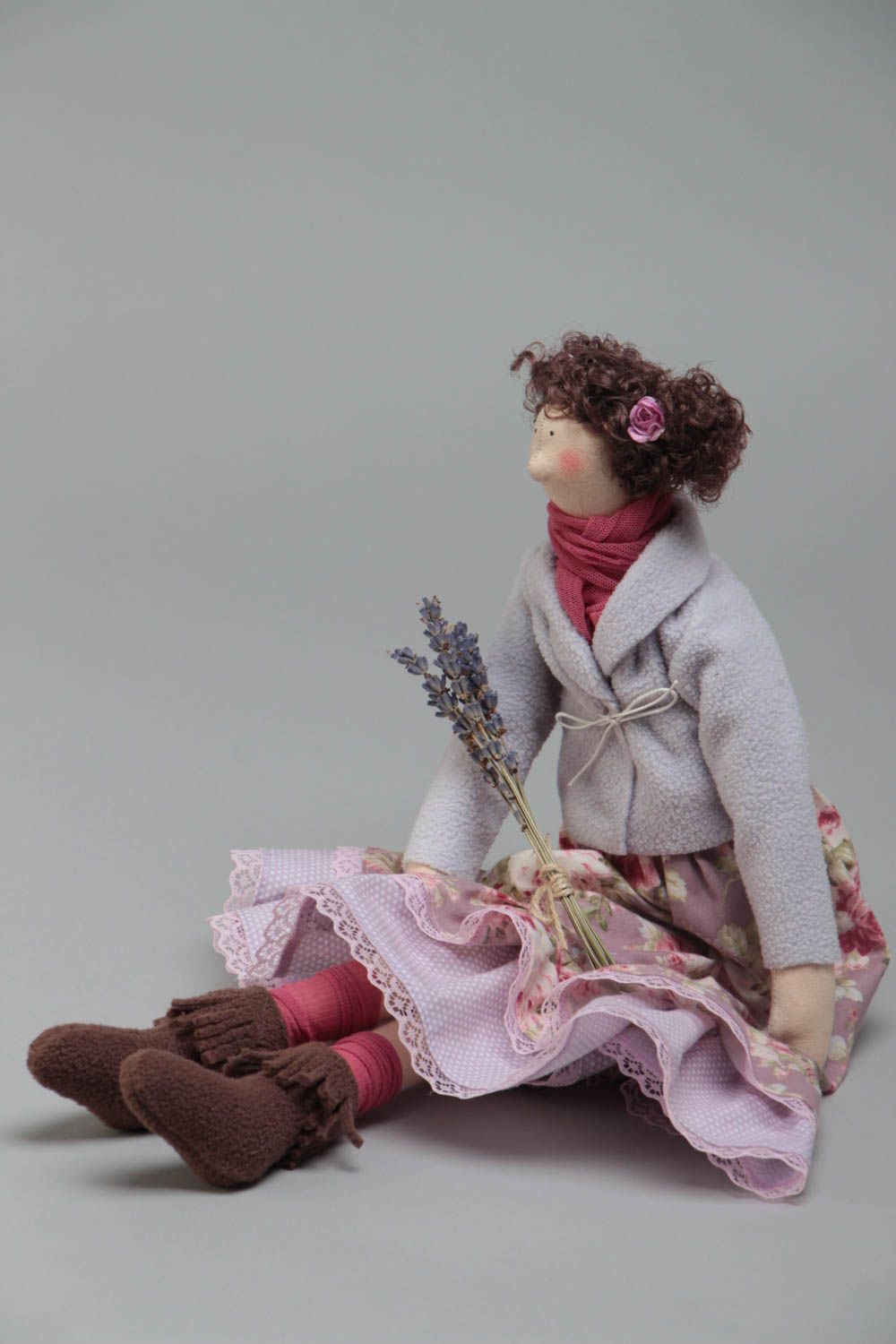 Handmade designer small fabric soft doll with curly hair in violet color palette photo 2
