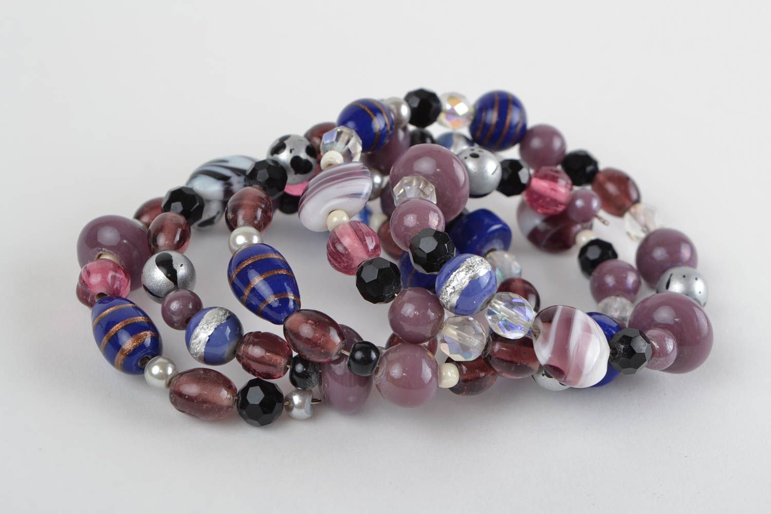 Handmade multi row wrist bracelet with glass beads in blue and violet colors photo 4