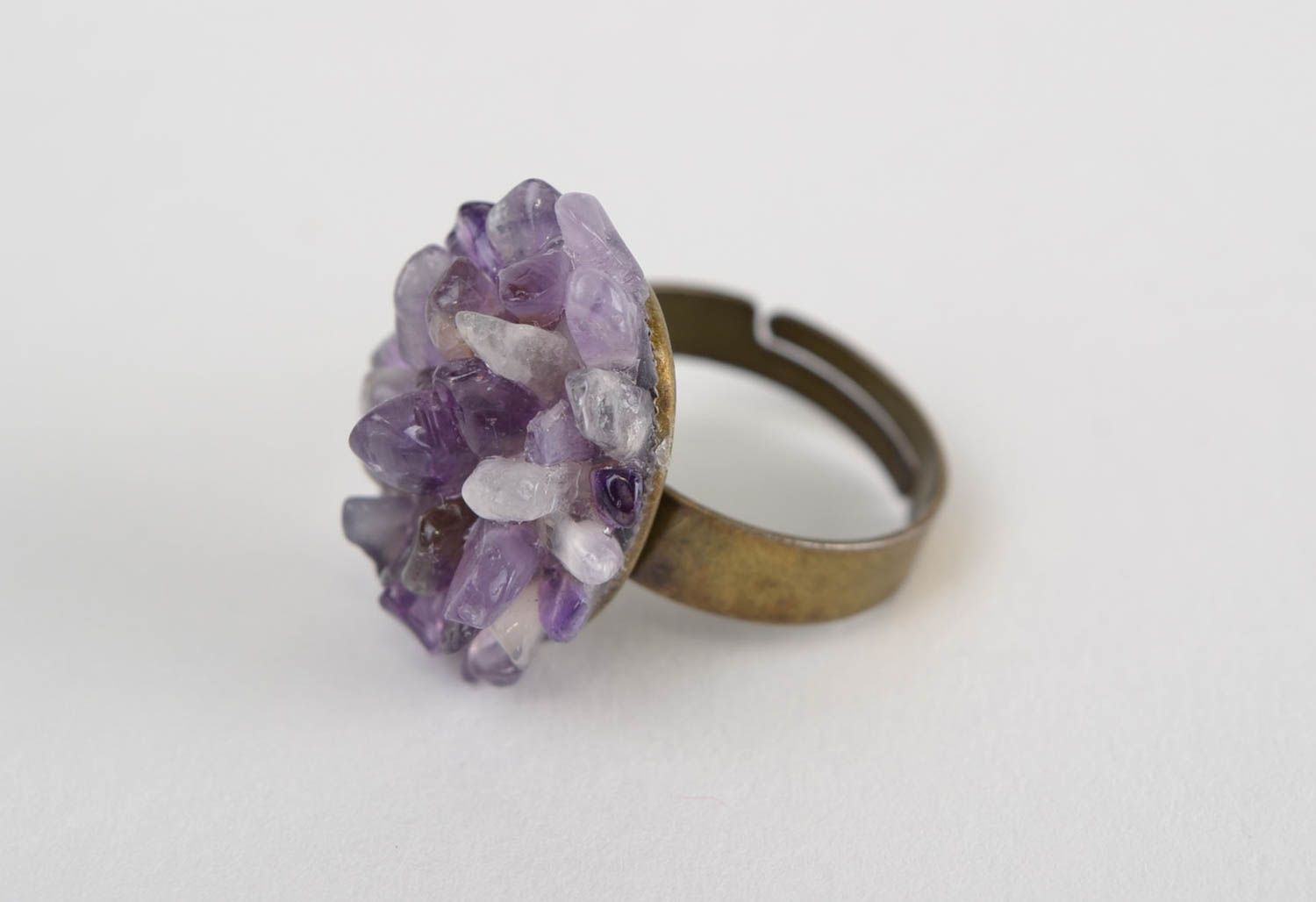 Beautiful handmade oval top metal ring with natural amethyst stone photo 2